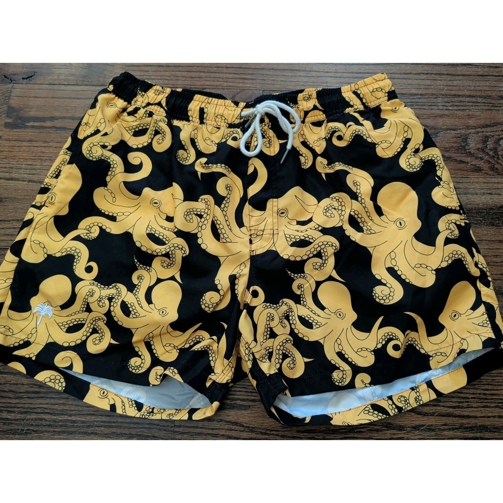 OAS Swim Trunks Mens XXL Black Yellow Octopus Print Mesh Lined Drawstring